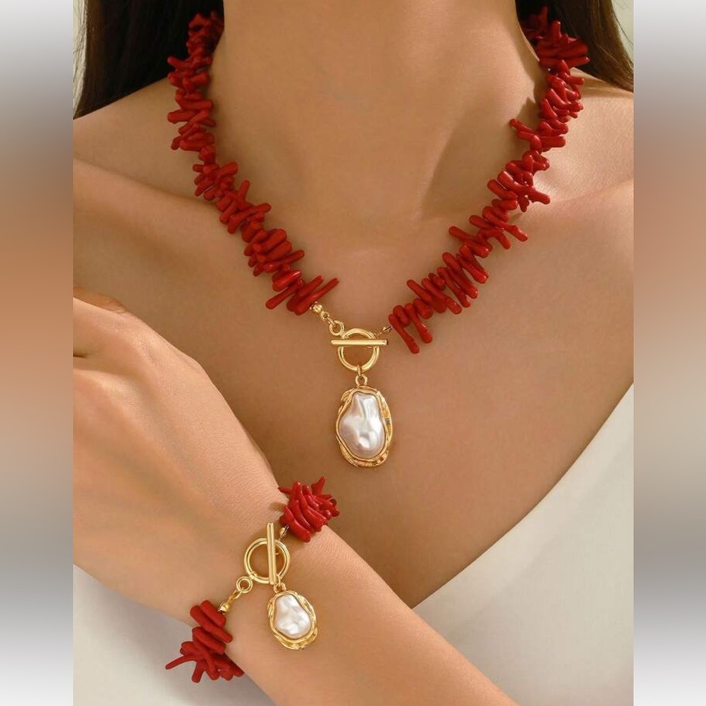 New Red Coral and Gold Faux Pearl Necklace and Bracelet Set